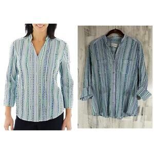 Alfred Dunner Greenwich Circle Shirt Size 12 Eyelash Threads Striped Blue‎ Green